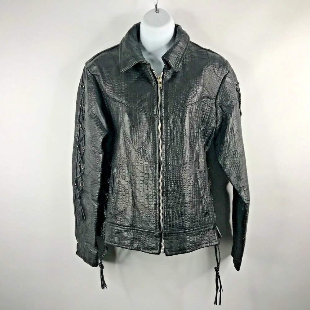 Navarre Croc Embossed Black Buffalo Leather Embroidered Rose Moto Jacket